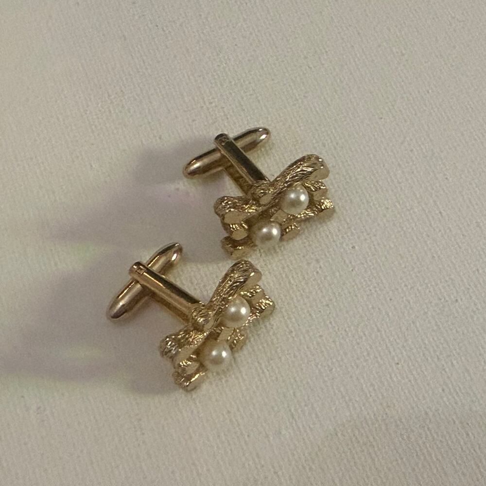 Vintage Gold Tone Pearl Cufflinks Textured Organic Branch Design Mid Century